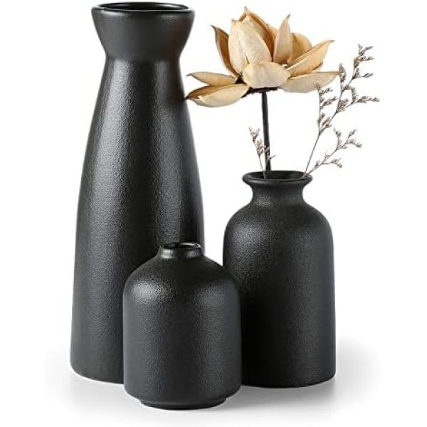 CEMABT Black Ceramic vase Set-3 Small Flower vases for Decor,Modern Boho Farmhouse Home Decor,Decorative vase for Pampas Grass&Dried Flowers,idea Shelf,Table,Bookshelf ，Entryway- Distresse