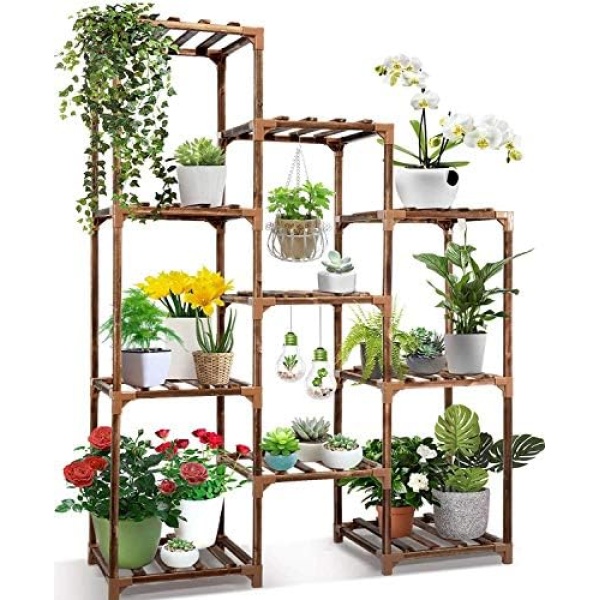 CFMOUR Plant Stand Indoor Outdoor,10 Tier Tall Large Wood Plant Shelf Multi Tier Flower Stands,Garden Shelves Wooden Plant Display Holder Rack for Living Room Corner Balcony Office Lawn Patio