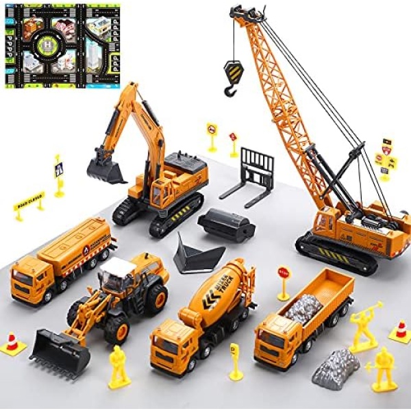 CUTE STONE Construction Toys Vehicles Playset with Playmat, Kids Engineering Truck Toy Set with Crane, Excavator, Tractor with 3 Interchangeable Parts, Cement, Truck, Educational Gift Toy for Toddlers Boys