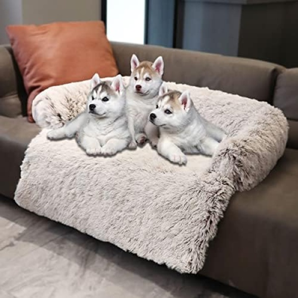 Calming Dog Beds, Comfortable Large Medium Dogs Bed Pad, Pet Soft Long Plush Sofa Mats, with Memory Foam Neck Bolster Dog Couch, Removable Washable Pet Blanket (Color : Coffee, Size : M)