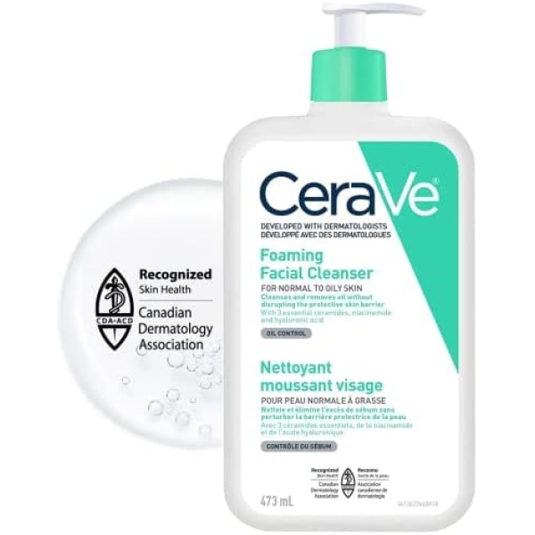 CeraVe FOAMING Face Cleanser, Gentle Face Wash with Hyaluronic Acid, Niacinamide, Ceramides. Makeup Remover for oily skin, won’t clog pores. Oil & sebum control. Non-Comedogenic, Sensitive Skin, Men & Women, 473ML