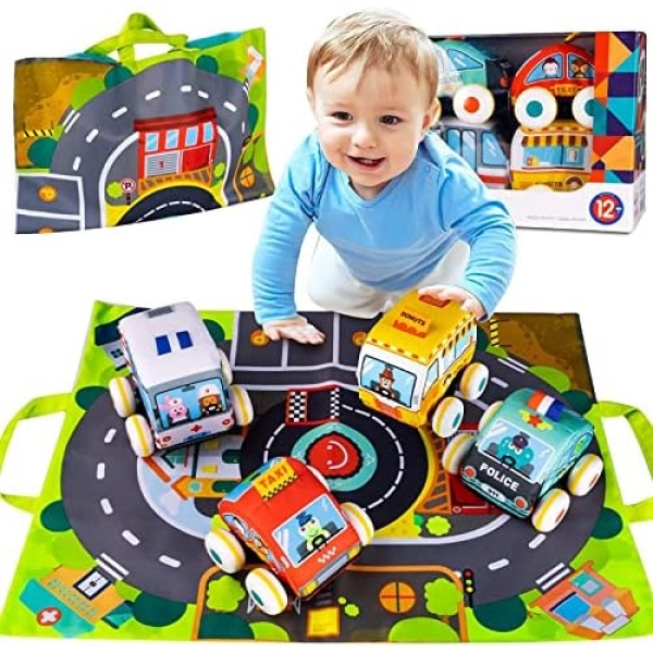 Ckikogo Pull-Back Vehicle Baby Toys of Soft Plush Car Set with Play Mat (Storage Bag), Car Toys Gift for Toddlers Aged 1 2 3 Year Old