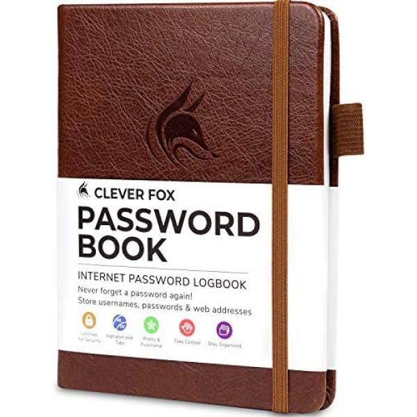 Clever Fox Password Book with tabs. Internet Address and Password Organizer Logbook with Alphabetical tabs. Small Pocket Size Password Keeper Journal Notebook for Computer & Website Logins (Brown)