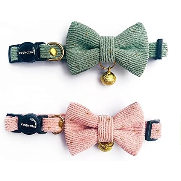 Cognatio Safety Quick Release Cat Collars, Soft Kitten Collars with Detachable Bow Tie and Bell, Pack of 2, Adjustable 20-30 cm (Green+Pink)