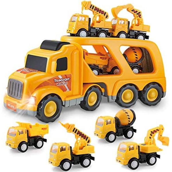 Construction Truck Toys for 3 4 5 Years Old Toddlers Kids Boys and Girls, Car Toy Set with Sound and Light, Play Vehicles in Friction Powered Carrier Truck, Small Crane Mixer Dump Excavator Toy