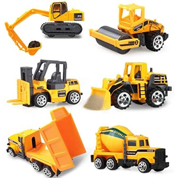 Coolplay Construction Vehicles Dumper Truck, Bulldozers, Forklift, Tank Truck, Asphalt Car and Excavator for Kids Die Cast Mini Cars Cake Toppers - Pack of 6