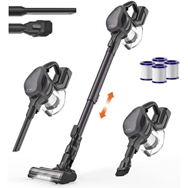 Cordless Vacuum Cleaner, 280W 25Kpa Stick Vacuum with Brushless Motor 45Min Runtime 2500mAh Battery, 6 in 1 Lightweight &LED Head Handheld Vacuum for Floor Carpet A350