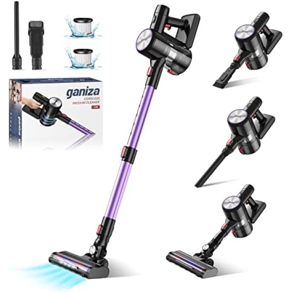 Cordless Vacuum Cleaner, Ganiza V25 Stick Vacuum Hi-Speed Brushless Motor with 28Kpa Powerful Suction Up to 45 Minutes Runtime, 6-in-1 Lightweight Vacuum LED Headlight for Floor Carpet Pet Hair