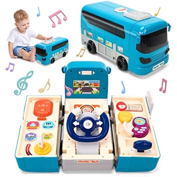 Cute Stone Kids Bus Driving Toy, Play Vehicle W/ Sound& Light， Musical School Bus Toy for Toddler, Simulation Steering Wheel Toy, Educational Play Driver Toy Gift for Toddlers Boys & Girls