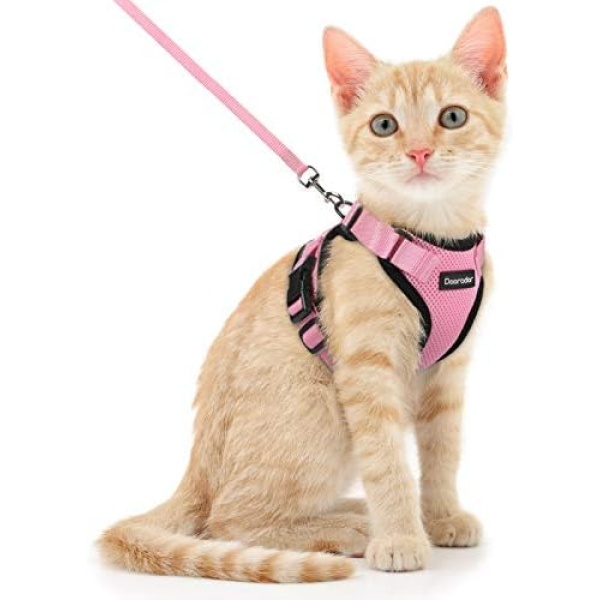 Dooradar Cat Harness and Leash Escape Proof for Walking, Adjustable Vest Harness for Small Medium Cats, Soft Breathable Easy Control Jacket with Reflective Strips & 1 Metal Leash Ring, Pink, S