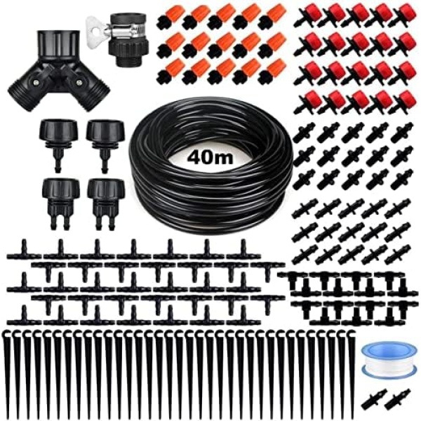 Drip Irrigation Kit, 132ft/40M Garden Drip Irrigation System, 164PCS Adjustable Automatic Micro Watering System, 1/4” Blank Distribution Tubing Hose Suit for Garden Landscape, Flower Bed Patio, Greenhouse, Plants