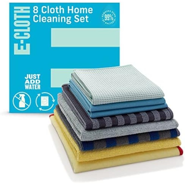 E-Cloth Home Cleaning Set, Premium Microfiber Cleaning Cloth, Household Cleaning Tools & Supplies for Dusting, Bathroom, Kitchen & Cars, Washable & Reusable, 100 Wash Guarantee, 8 Piece Set