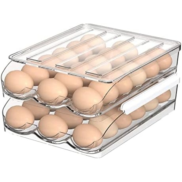 Egg Storage for Fridge - Auto Rolling Egg Holder for Fridge - Freezer containers - Egg Holder - Food Containers with Lids - Fridge Organizers and Storage (2 Layer)