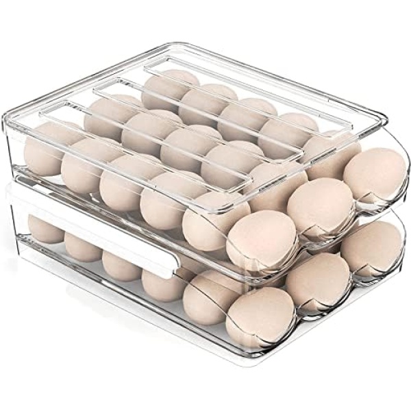 Egg Storage for Fridge Large Capacity Eggs Fresh Fridge Organizers with Lids, Auto Rolling Egg Container Tray, Fridge Storage Organizer for Kitchen (2 Layer)