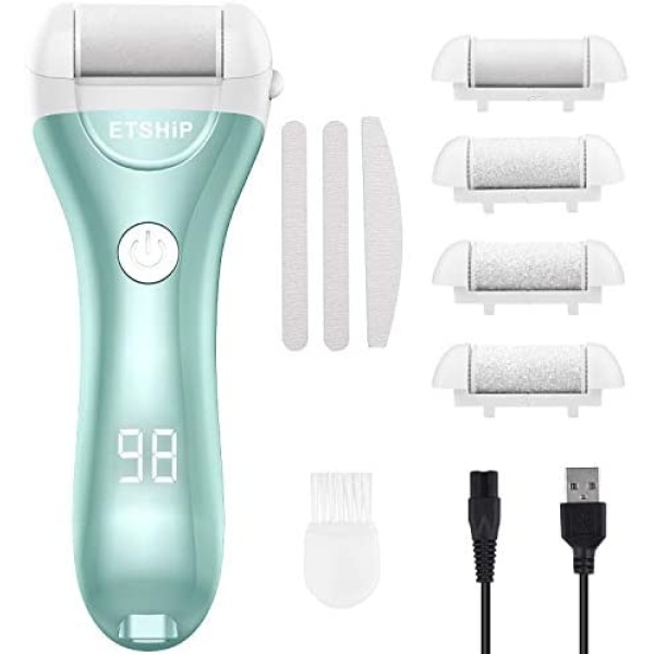 Electric Foot File Callus Remover, Etship Rechargeable Pedicure Feet Care Grinder, Portable Hard Skin Remover Pedicure Tools for Dead Dry Skin, Cracked Heel, Professional Electric Feet Callus Shaver with 4 Roller Heads, 3 Nail Files