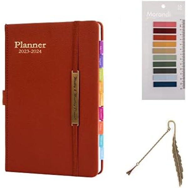 February 2023 - June 2024,Monthly Weekly Monthly Planner 5.7'' x 8.4'', Calendar Stickers, A5 Premium Thick Paper with Pen Loop, Book Marks,Back Pocket,Calm Texture Strip (Brown)