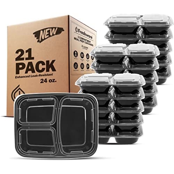 Freshware Meal Prep Containers [21 Pack] 3 Compartment with Lids, Food Storage Containers, Bento Box, BPA Free, Stackable, Microwave/Dishwasher/Freezer Safe (24 oz)