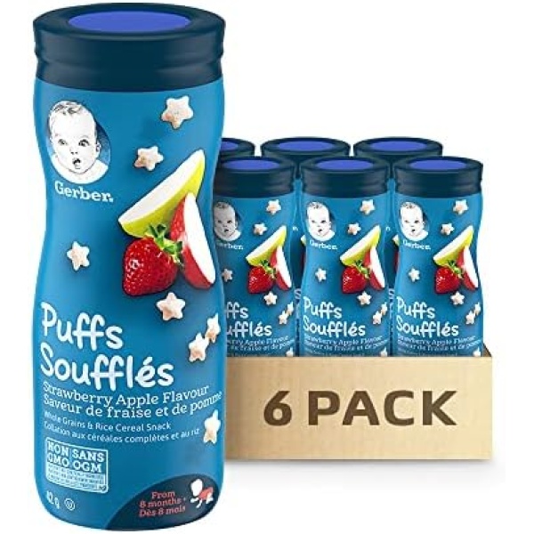 GERBER PUFFS Sweet Strawberry & Apple, Baby Snacks, Cereal Snack, 8+ months, 42 g, 6 Pack