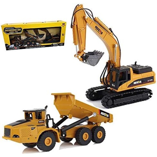 Gemini&Genius Heavy Metal Die-cast Articulated Dump Truck Excavator Engineering Vehicle Construction Alloy Models Toys for Kids and Decoration House Set ( Dump Truck& Excavator Suit)