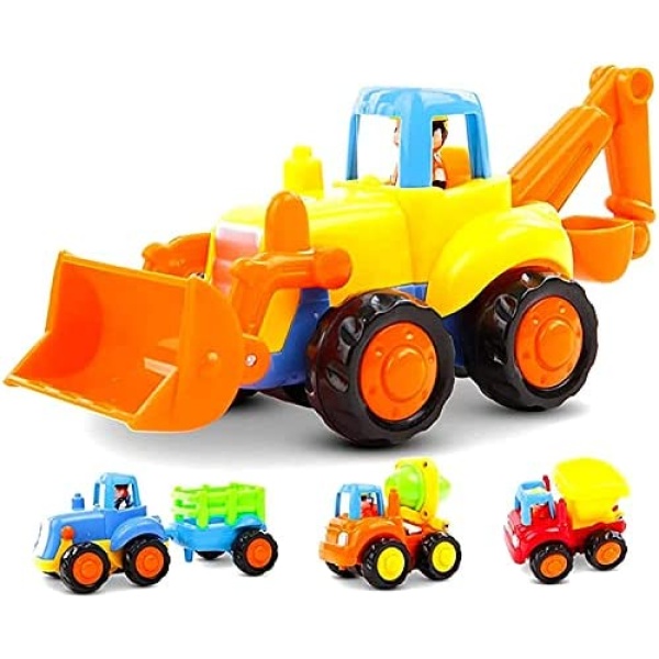 GoStock Friction Powered Cars Push and Go Toys for 18 Month+ 1 2 3 Year Old Boys and Girls, 4 Sets Construction Vehicles of Tractor, Bulldozer, Cement Mixer Truck, Dumper, Best Gifts for Your Kids and Toddlers