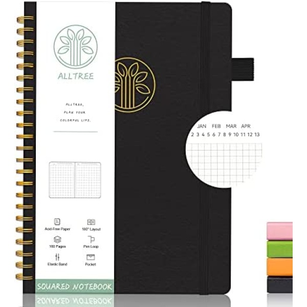 Graph Notebook Journal, Spiral Graph Grid Notebook, Hardcover Graph Notebook, ALLTREE Twin Wire Spiral Bound Notebook with Date & Month Recording, Pen Loop, Pocket, Stickers, Ribbon, 160 Pages, Journal for Women & Men, Black(6"x8.25")