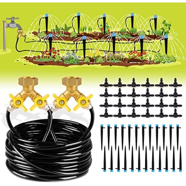 HIRALIY 98ft Drip Irrigation Kit Garden Watering System for Plant, Drip System for The Veggie Garden, Automatic Irrigation System for The Patio Flower, 1/4" Drip tubing and Brass Adapter