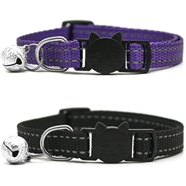 HUIMALL 2 Pack Cat Collar with Bell, Reflective Collars Adjustable Pet Kitten Necklace Purple Kitty Breakaway Buckle Nylon Safe Strap Fit All Domestic Cats and Small Pets black+purple