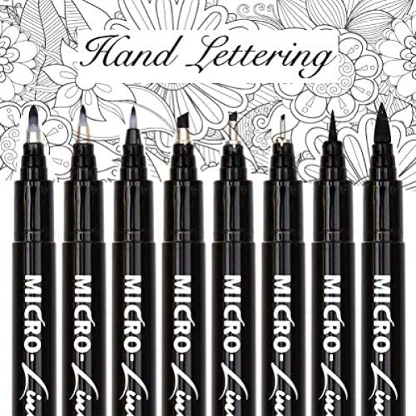 Hand Lettering Pens, 8 Size Black Fineliner Pens, Calligraphy Brush Pens Art Markers Set for Beginners Writing, Art Drawings,Artist Sketch, Technical,Signature, Water Color Illustrations