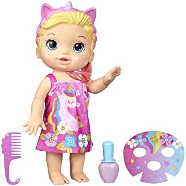 Hasbro Baby Alive Glam Spa Baby Doll, Unicorn, Makeup Toy for Kids 3 and Up, Color Reveal Mani-Pedi and Makeup, 12.8-Inch Waterplay Doll, Blonde Hair, F3564