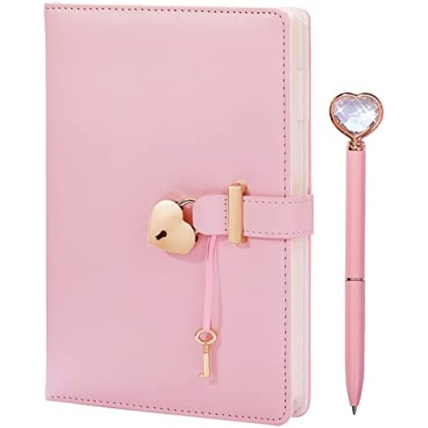 Heart Shaped Lock Diary with Key&Heart Diamond Pen Set,PU Leather Cover,A5,Journal Secret Notebook Gift for Women Girls (A5(8.5"*5.7"), Pink)