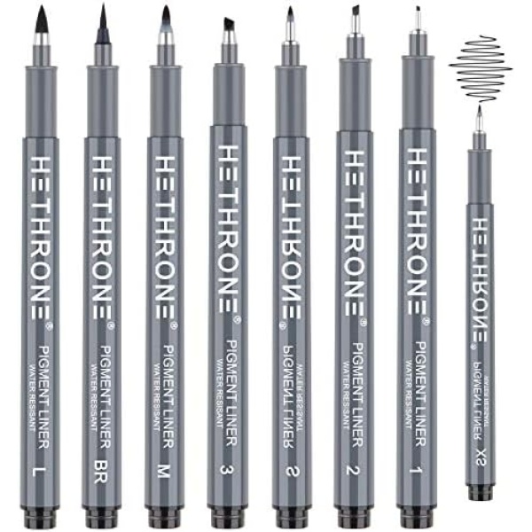 Hethrone Calligraphy Pens Fineliner Pens Set for Beginners Writing, Sketching, Illustration, Bullet Journaling (8 Size)