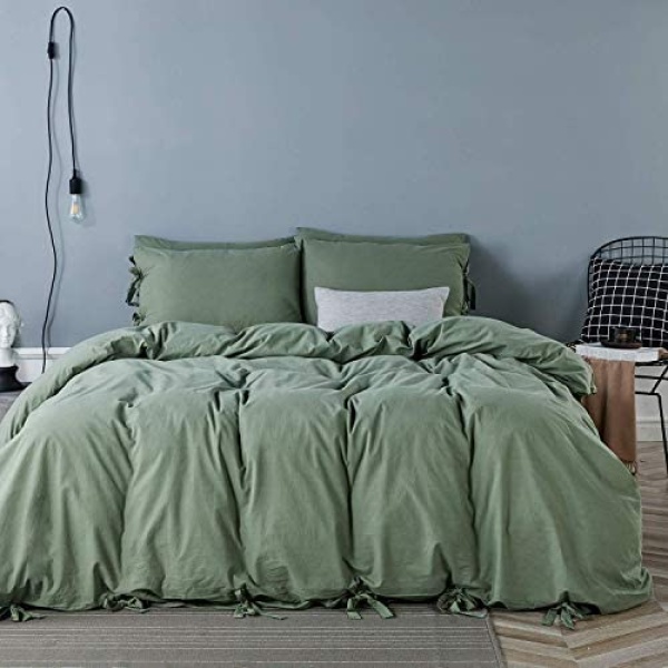 JELLYMONI Green 100% Washed Cotton Duvet Cover Set Full, Duvet Cover with Bow tie Closure, 3 Pieces Ultra Soft Bowknot Duvet Cover Sets(Without Comforter)