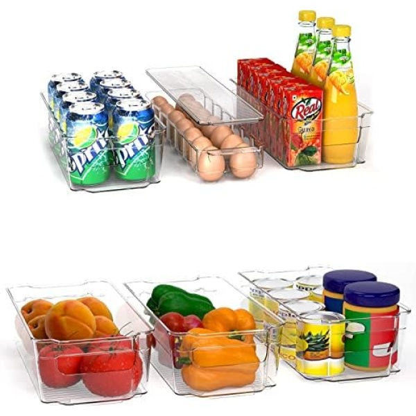 KICHLY Fridge Organizers - 6 Pack - Ideal for Pantry Organizers and Storage - Refrigerator Organizer Includes 5 Drawers & 1 Egg Holder - Stackable Storage Bins