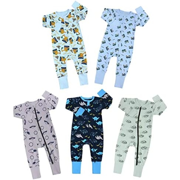 KaWaii Baby Cotton Bodysuits Sleepers, Sleep and Play Pyjamas, Long Sleeve, 2-Way Zipper, 100% Cotton - Pack of 5