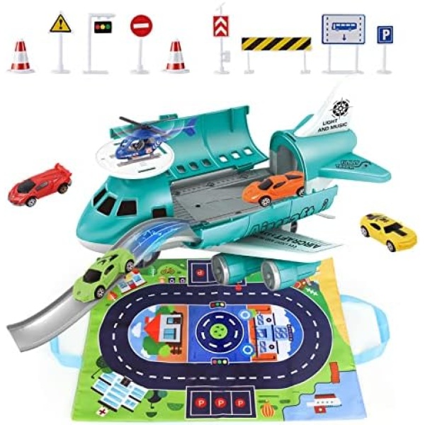 Kid Airplane Toy for 2 Years Old Boy, 15PCS Transport Cargo Airplane Toy Birthday Gift for Toddler Age 3-5, Kids Plane Play Set Included 1 Helicopter, 4 Vehicles, 9 Road Signs and 1 Play Mat