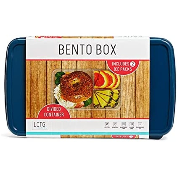 LOTG by Fit + Fresh Bento Box Kit, Three-Compartment Lunch Container Includes 2 Slim Ice Packs, Reusable & Leak-Resistant, Perfect for Insulated Lunch Bag, Lunch Box & More, Navy