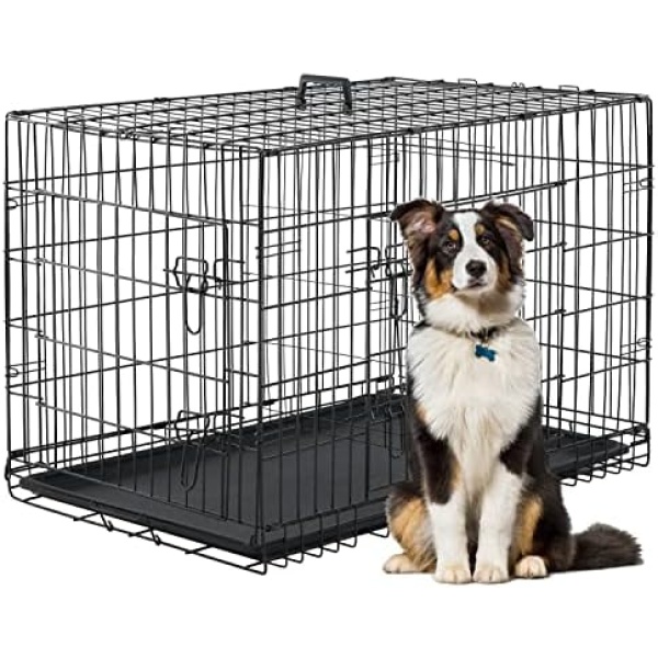 Large Dog Crate, Folding Dog Kennel 42" Double Door Dog Cage Metal Wire Dog Crates with Removable Tray and Handle, for Outdoor and Indoor Medium Dog