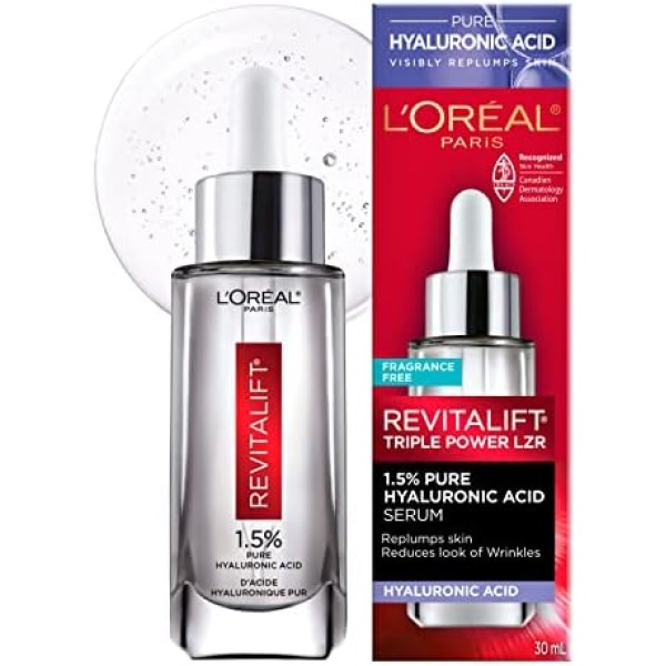 L'oréal Paris 1.5% Pure Hyaluronic Acid Serum Revitalift Triple Power Lzr, for Hydrated Plump Skin and Visibly Reduced Look of Wrinkles, Paraben Free, Non Comedogenic, 30ml