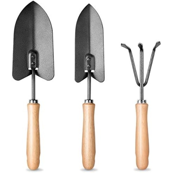 MOSFiATA Gardening Tools Set, 3 Pcs Garden Tools Set, High Carbon Steel Heavy Duty Gardening Tools Kit Includes Hand Trowel, Transplant Trowel and Cultivator Hand Rake, Gardening Gifts for Women Men