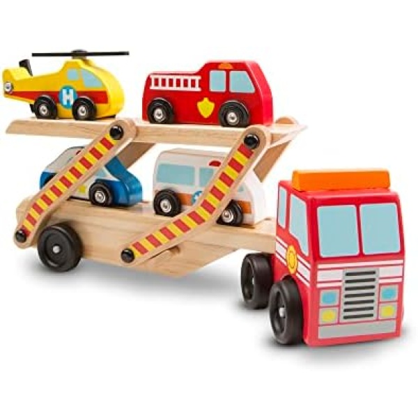 Melissa & Doug Emergency Vehicle Carrier (Two-Level Tractor-Trailer Truck Toy with 4 Vehicles, Great Gift for Girls and Boys - Best for 3, 4, 5, and 6 Year Olds)