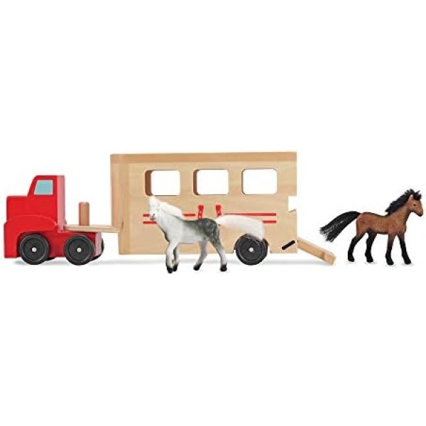 Melissa & Doug Horse Carrier Wooden Vehicle Play Set With 2 Flocked Horses and Pull-Down Ramp | Horse Figures, Wooden Horse Trailer Toy For Kids Ages 3+