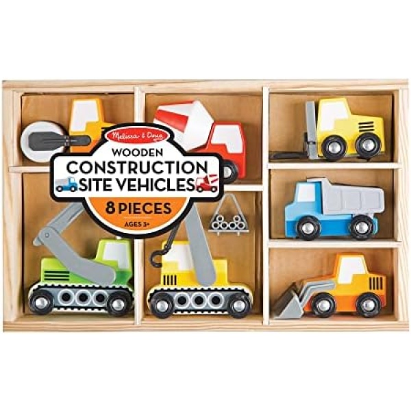 Melissa & Doug Wooden Construction Site Vehicles With Wooden Storage Tray (8 pcs) | Wooden Construction Toys, Vehicle Toys, Wooden Cars For Toddlers And Kids Ages 3+