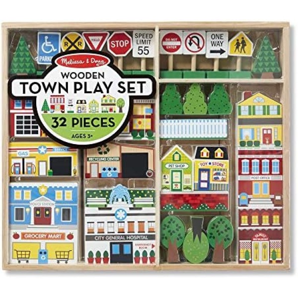 Melissa & Doug Wooden Town Play Set With Storage Tray (32 Pieces)