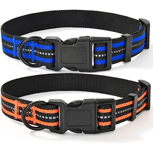 Mile High Life Night Reflective Double Bands Nylon Dog Collar (2 Pack Blue/Orange, X-Small Neck 9"-13" -20 lb)