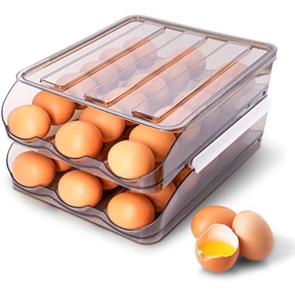 NeoHome Automatic Scrolling Egg Holder for Refrigerator, Slide Design, Large Capacity Egg Organizer, Fridge Organizer, 36 Eggs Stackable Plastic Egg Storage Container for Refrigerator (2 Layer)