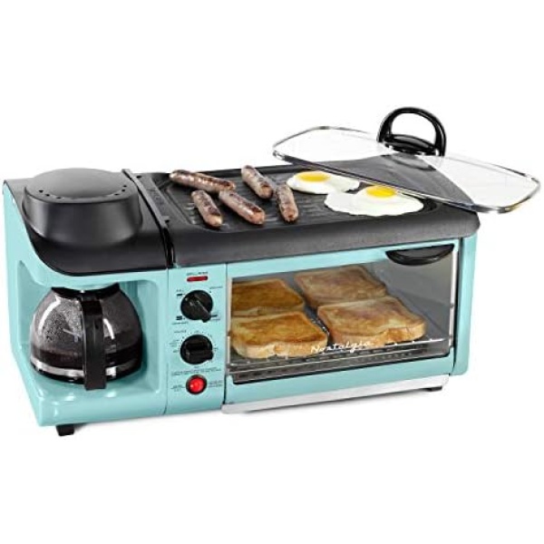 Nostalgia Retro 3-in-1 Family Size Electric Breakfast Station, Non Stick Die Cast Grill/Griddle, 4 Slice Toaster Oven, Coffee Maker, Aqua