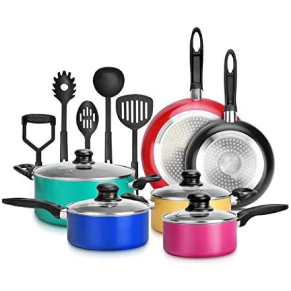 Nutrichef 15-Piece Nonstick Kitchen Cookware Set PTFE/PFOA/PFOS- Free | Colorful Heat Resistant Lacquer Kitchen Ware Pots Pan Set w/Saucepot