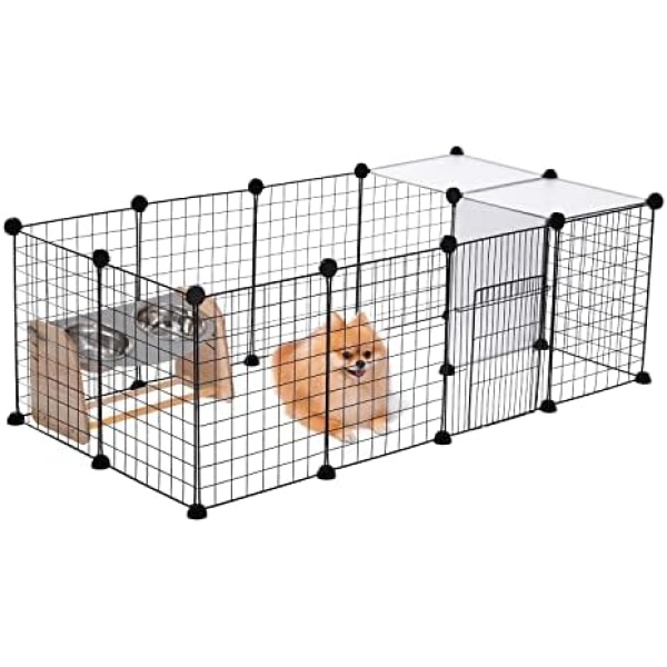 PAWZ Road Pet Playpen, Metal Yard Fence with Door, 15pcs DIY Cage House Portable Indoor with Black Resin Panels for Small Animals Puppies, Kitties, Rabbits