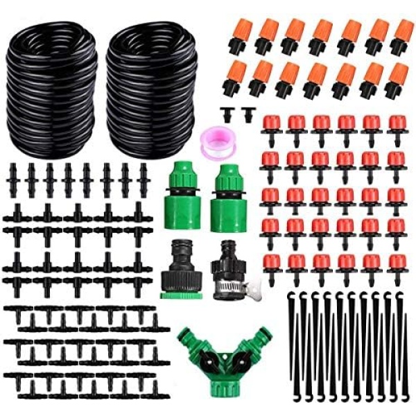 Podoy 100ft/30M Drip Irrigation Kit 150PCS DIY Automatic Garden Watering Sprinkler System for Greenhouse, Garden,Lawn, Outdoor Indoor Flower Bed 1/4" Tubing Hose Micro Drip Irrigation System