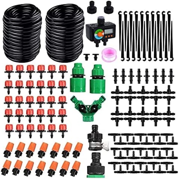 Podoy 100ft/30M Drip Irrigation Kit with Programmable Water Hose Timer-150PCS DIY Automatic Garden Watering Sprinkler System for Greenhouse, Garden,Lawn, Outdoor Indoor Flower Bed 1/4" Tubing Hose Micro Drip Irrigation System